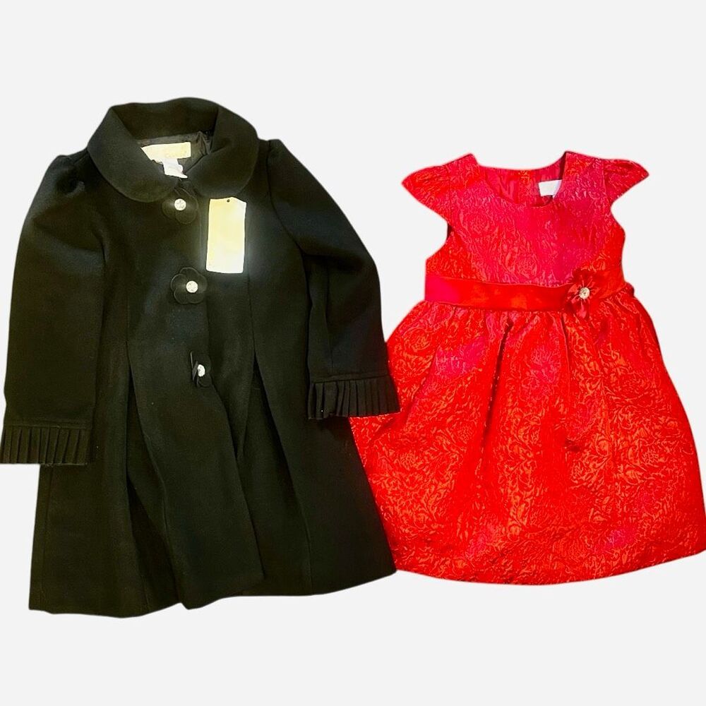 Camilla Toddler 2 Piece Red Holiday Formal Dress & Black Coat Set‎
